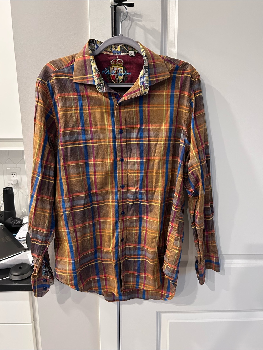 Robert Graham Multicolor Plaid Long Sleeve Casual Shirt Blue Orange Embroidered